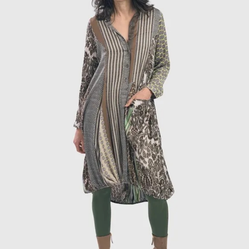 Boho Patchwork Midi Dress in Olive and Brown